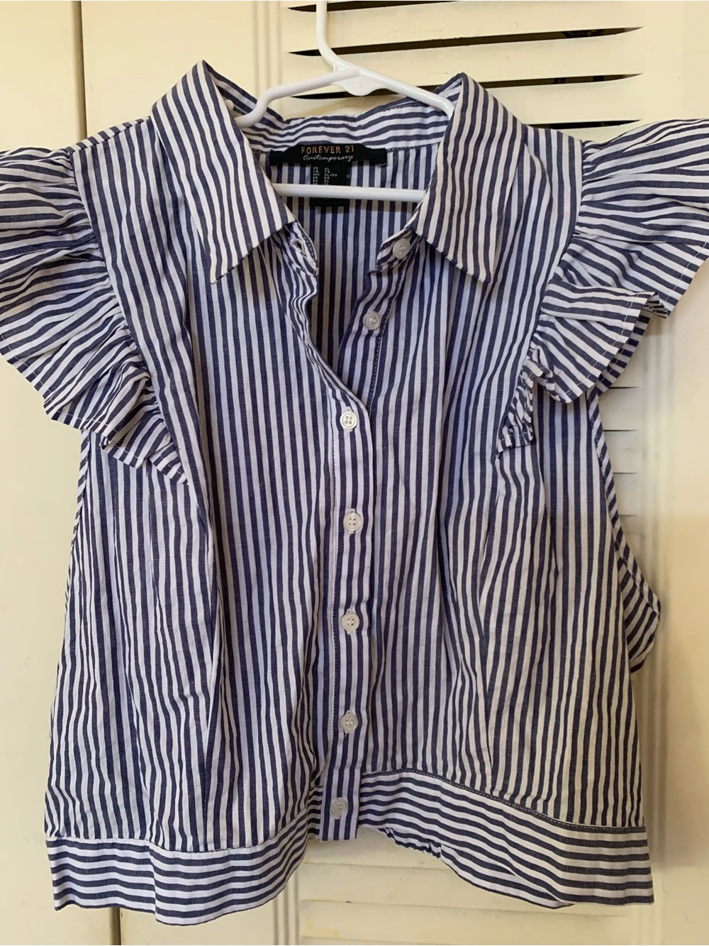 Forever 21 Navy and White Vertical Stripe Button Front Top